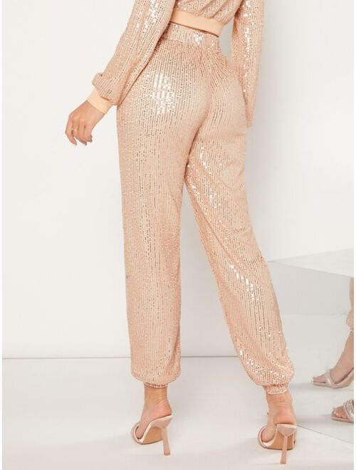 SHEIN BAE Drawstring Waist Sequin Pants