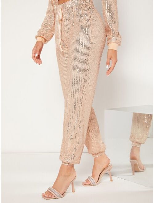 SHEIN BAE Drawstring Waist Sequin Pants