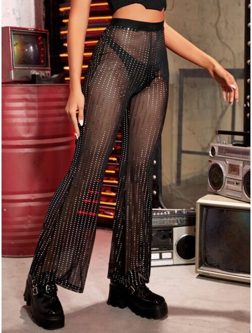 SHEIN ICON Sequin Mesh Flare Leg Pants Without Panty