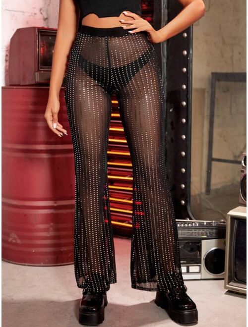 SHEIN ICON Sequin Mesh Flare Leg Pants Without Panty