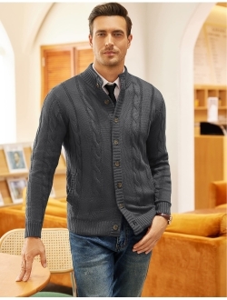 Men's Cardigan Sweater Slim Fit Stand Collar Cardigan Casual Cable Knitted Button Down Sweater with Pockets