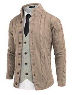 Men's Cardigan Sweater Slim Fit Stand Collar Cardigan Casual Cable Knitted Button Down Sweater with Pockets