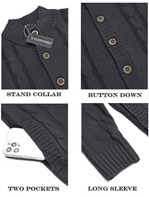 COOFANDY Men's Cardigan Sweater Slim Fit Stand Collar Cardigan Casual Cable Knitted Button Down Sweater with Pockets