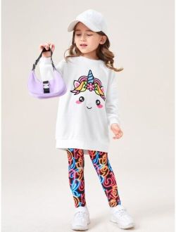 Toddler Girls Cartoon Unicorn Print Drop Shoulder Pullover & Graphic Print Leggings