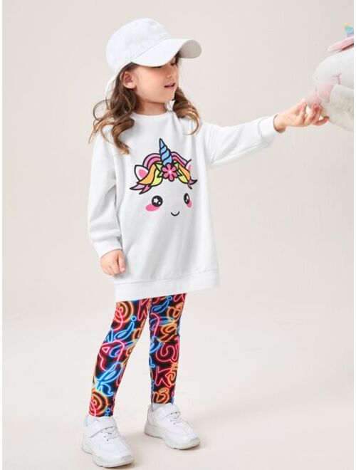 SHEIN Toddler Girls Cartoon Unicorn Print Drop Shoulder Pullover & Graphic Print Leggings