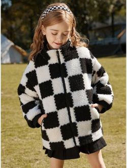 Teen Girls Checker Pattern Slant Pocket Teddy Coat