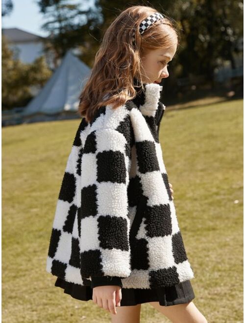 Shein Teen Girls Checker Pattern Slant Pocket Teddy Coat