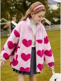 Teen Girls Heart Pattern Drop Shoulder Flannel Coat