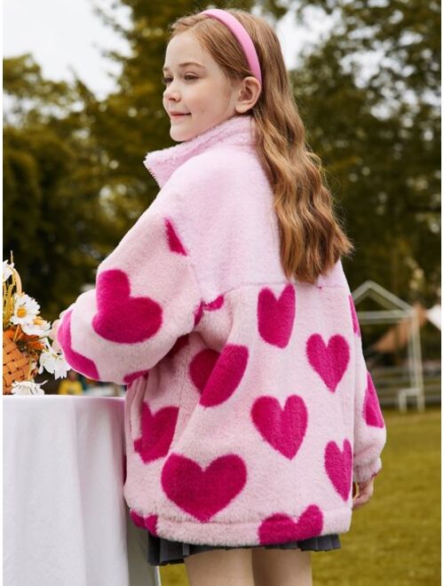 Shein Teen Girls Heart Pattern Drop Shoulder Flannel Coat