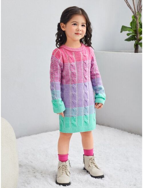 SHEIN Toddler Girls Color Block Stripe Pattern Cable Knit Sweater Dress