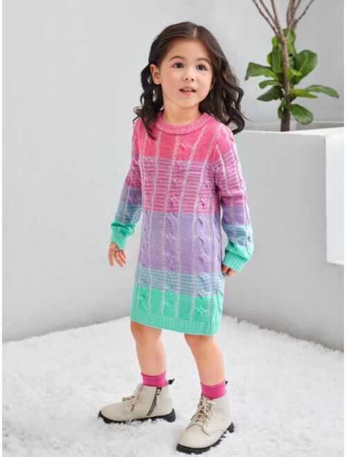 SHEIN Toddler Girls Color Block Stripe Pattern Cable Knit Sweater Dress