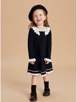 Toddler Girls Stripe Pattern Ruffle Trim Flounce Sleeve Sweater Dress