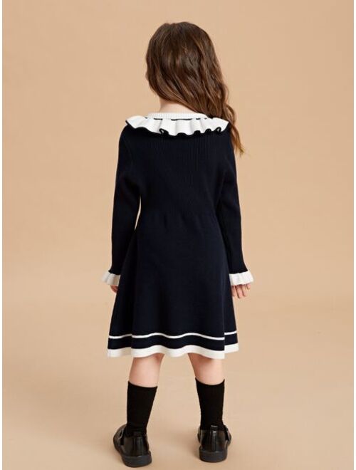 SHEIN Toddler Girls Stripe Pattern Ruffle Trim Flounce Sleeve Sweater Dress