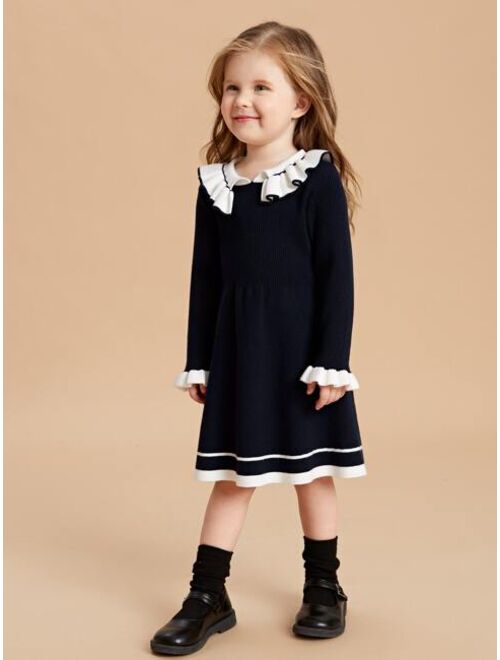 SHEIN Toddler Girls Stripe Pattern Ruffle Trim Flounce Sleeve Sweater Dress