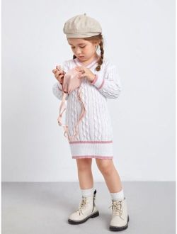 Toddler Girls Cable Knit Striped Trim Drop Shoulder Sweater Dress