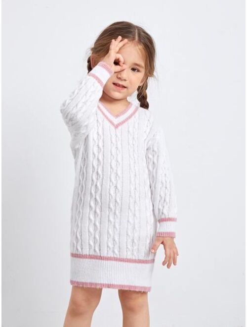 SHEIN Toddler Girls Cable Knit Striped Trim Drop Shoulder Sweater Dress