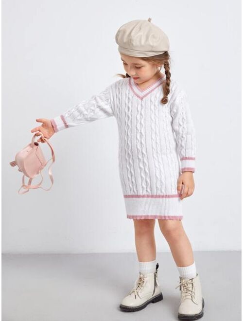 SHEIN Toddler Girls Cable Knit Striped Trim Drop Shoulder Sweater Dress