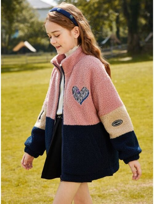 Shein Teen Girls Colorblock Heart Embroidery Drop Shoulder Flannel Winter Coat