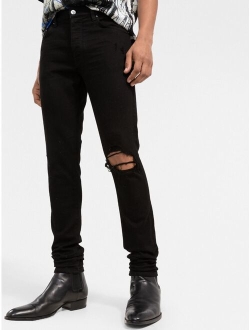 distressed-finish slim-cut jeans