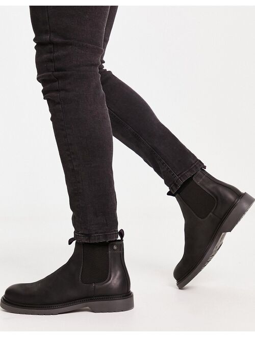 Jack & Jones leather chelsea boots in black with ribbed sole