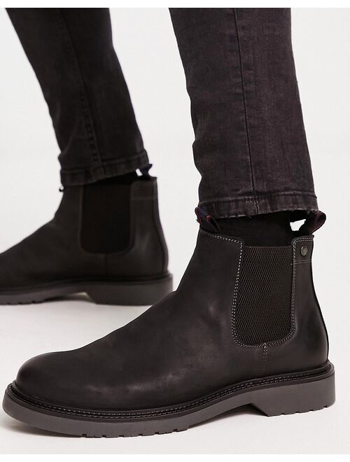 Jack & Jones leather chelsea boots in black with ribbed sole