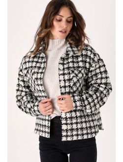 Effortlessly Poised Black and White Houndstooth Collared Shacket