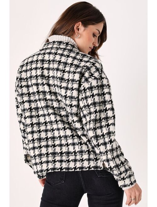 Lulus Effortlessly Poised Black and White Houndstooth Collared Shacket