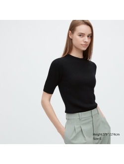 Extra Fine Merino Ribbed Half-Sleeve Short Sweater