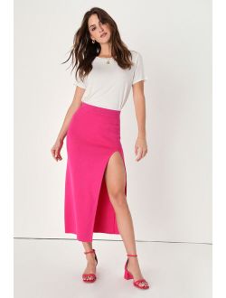 Inspired Style Hot Pink Ribbed Knit Midi Sweater Skirt