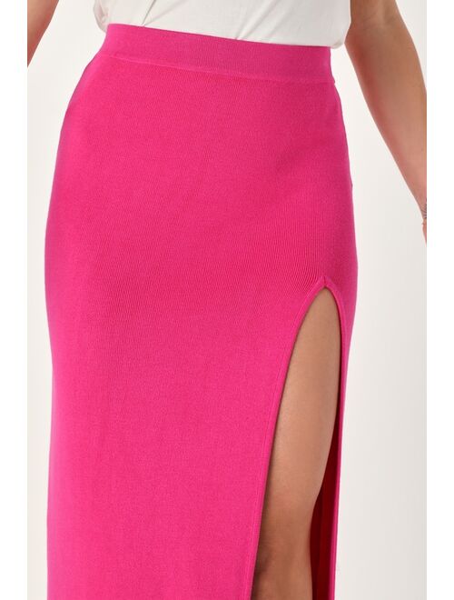 Lulus Inspired Style Hot Pink Ribbed Knit Midi Sweater Skirt