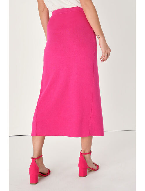 Lulus Inspired Style Hot Pink Ribbed Knit Midi Sweater Skirt