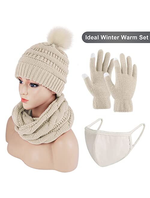 URATOT Winter Warm Knitted Sets Knitted Beanie Hat Scarf Face Cover Touchscreen Gloves Set for Men Women