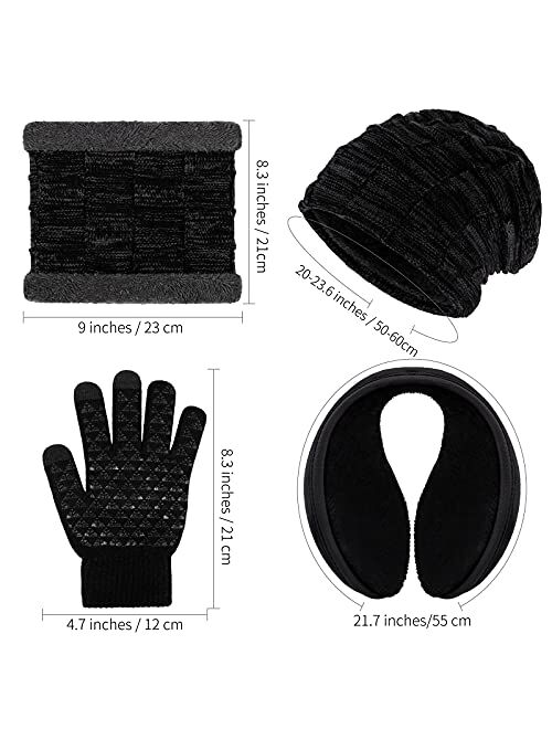 URATOT 4 Pieces Winter Warm Set Thick Knitted Scarf Beanie Hat Anti-Skid Touch Screen Gloves and Ear Warmer for Man or Women