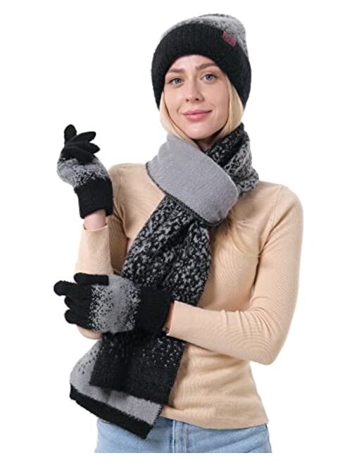 FZ FANTASTIC ZONE Women Winter Knit Beanie Hats and Touchscreen Gloves Long Scarf Set with Warm Fleece Lined Skull Caps Scarves for Women