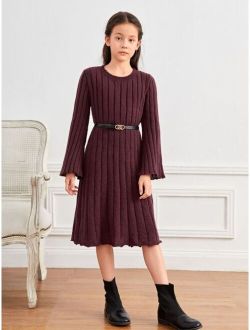 Girls Lettuce Trim Ribbed Knit Sweater Dress Without Belt