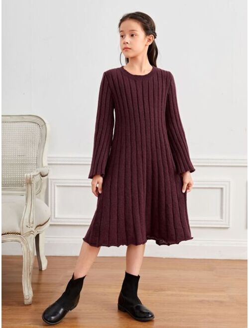 SHEIN Girls Lettuce Trim Ribbed Knit Sweater Dress Without Belt