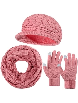 URATOT 3 Pieces Women Winter Hat Scarf Glove Set Warm Skull Beanie Hat with Visor Knitted Touch Screen Glove Scarf 3 in 1 Set