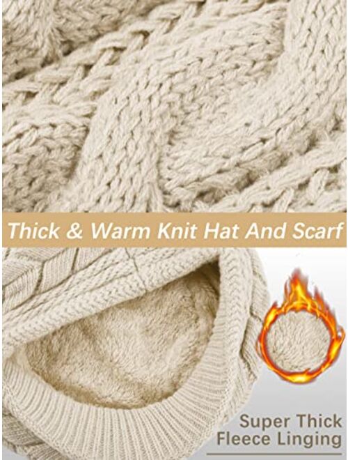URATOT 3 Pieces Women Winter Hat Scarf Glove Set Warm Skull Beanie Hat with Visor Knitted Touch Screen Glove Scarf 3 in 1 Set