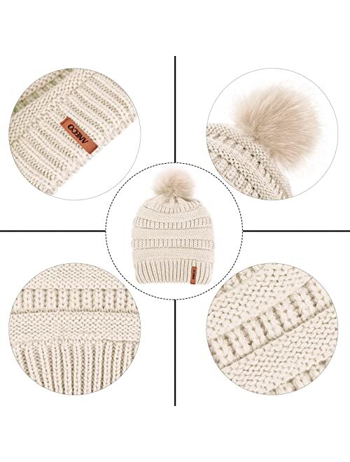 Aneco Womens Winter Warm Sets Knitted Fur Pompoms Beanie Hat Circle Loop Scarf Touch Screen Gloves Winter Favor Accessories