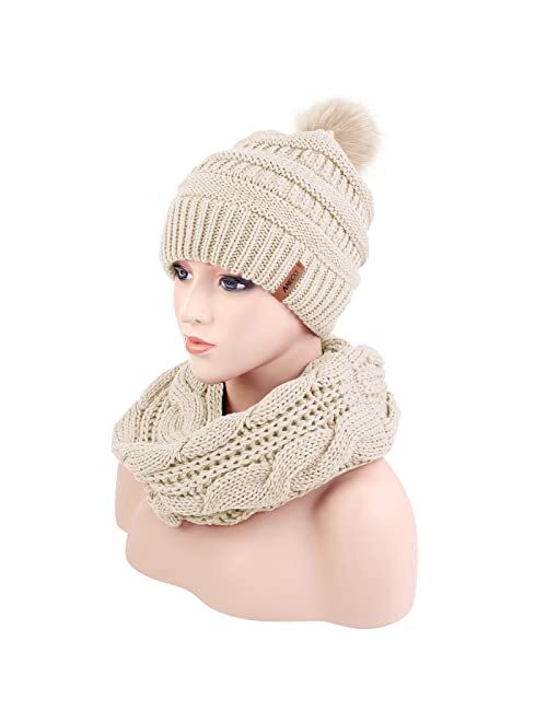Aneco Womens Winter Warm Sets Knitted Fur Pompoms Beanie Hat Circle Loop Scarf Touch Screen Gloves Winter Favor Accessories