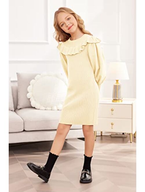 Hopeac Girls Sweater Dress Crew Neck Knit Puff Long Sleeves Ruffles Fall Winter Pullover Christmas Dresses for 5-16 Years