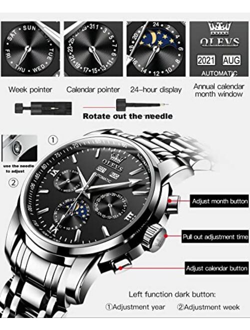 Olevs Mens Watches Fashion Automatic Luxury Skeleton Stainless Steel Upgraded Mechanical Business Wrist Watches for Men