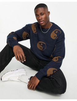 oversized jacquard yin yang sweater in navy & brown