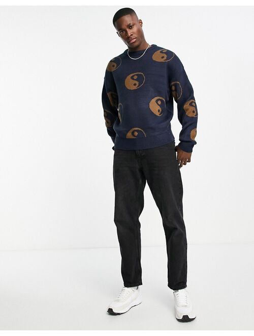 Jack & Jones oversized jacquard yin yang sweater in navy & brown