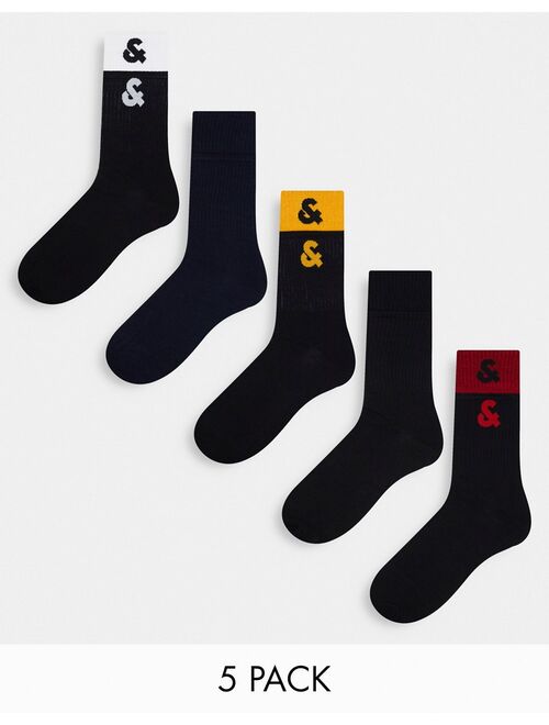 Jack & Jones 5 pack color block crew socks in navy & black