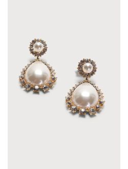 Glowing Beauty Gold Rhinestone Pearl Teardrop Statement Earrings