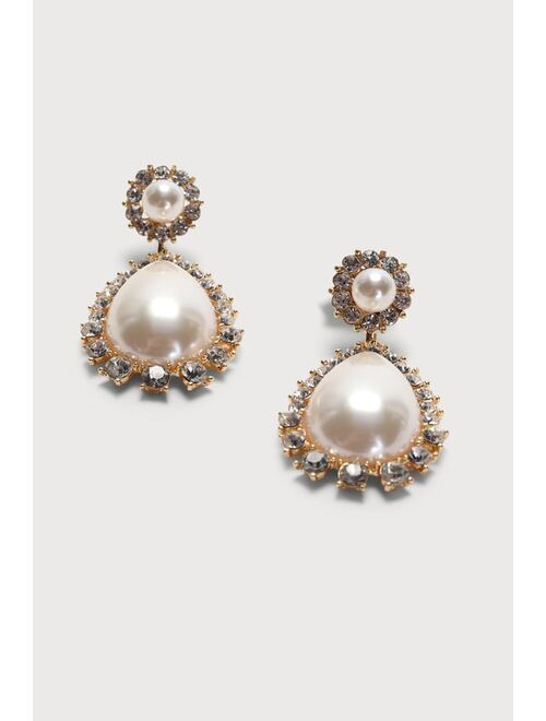 Lulus Glowing Beauty Gold Rhinestone Pearl Teardrop Statement Earrings