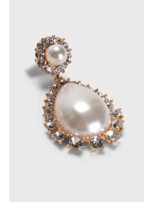 Lulus Glowing Beauty Gold Rhinestone Pearl Teardrop Statement Earrings