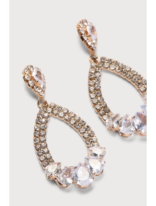 Lulus Divine Glitter Gold Rhinestone Teardrop Statement Earrings