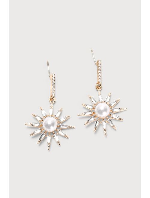 Lulus Reliable Radiance Gold Rhinestone Pearl Star Earrings